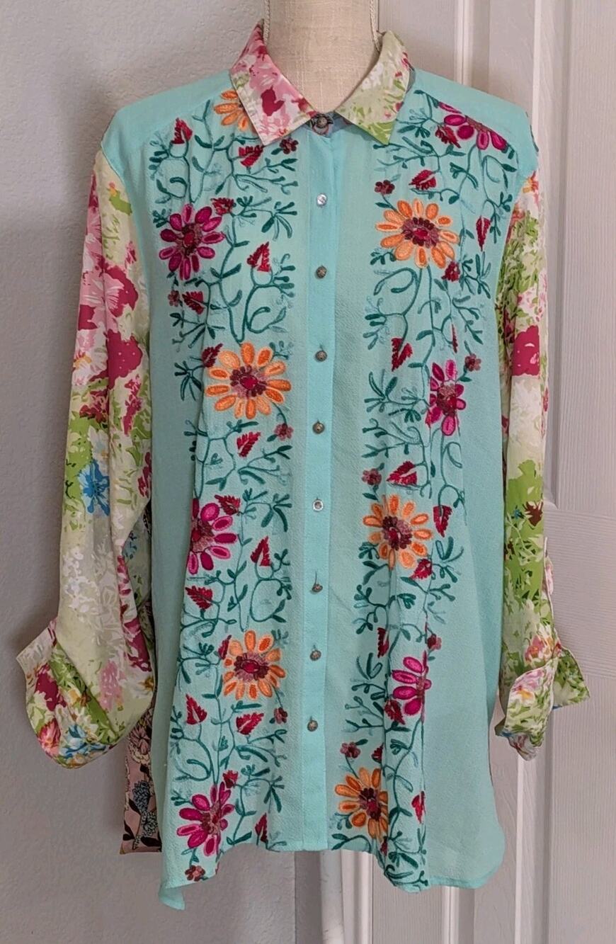 John Mark Hello Sunshine Teal Embroidered Floral Tunic Blouse Sz XL Mixed Media